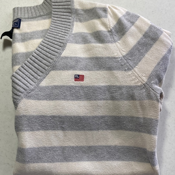 Polo by Ralph Lauren Gray and Cream Striped V-Neck Sweater - Picture 9 of 9